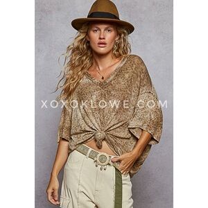 POL Tan Leopard Print V Neck Short Sleeve Shirt Top